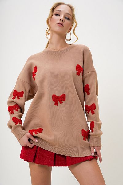 Trend Alaçatı Stili Pulover de damă cu cafea cu lapte - decolteu, broderie cu fundă, iarnă ALC-X13232