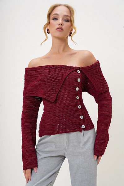 Trend Alaçatı Stili Claret Red Madonna Collar Knitwear Sweater - Button Detail, Openwork Winter Model Alc-X13219
