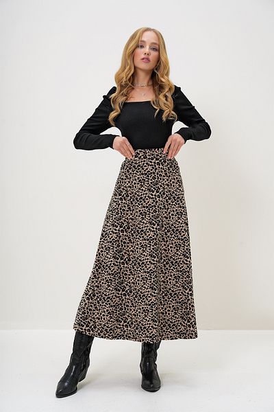 Trend Alaçatı Stili Langer Damenrock mit Leopardenmuster und Wildlederstruktur – elastische Taille ALC-X13182