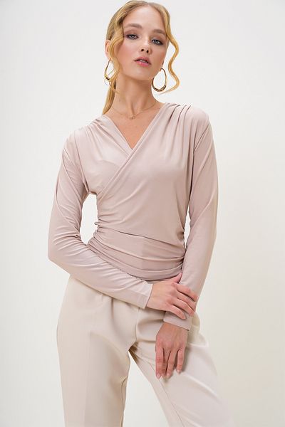 Trend Alaçatı Stili Women's Beige Double Breasted Collar Draped Sandy Blouse Alc-X13227