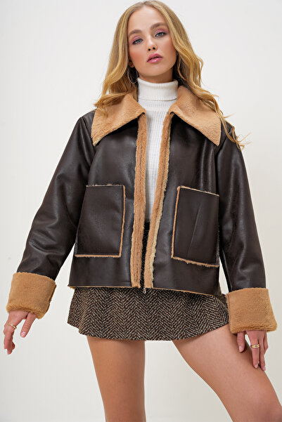 Trend Alaçatı Stili Women's Brown Shirt Collar Faux Leather Biker Winter Jacket with Plush Pockets Inside Alc-X13236