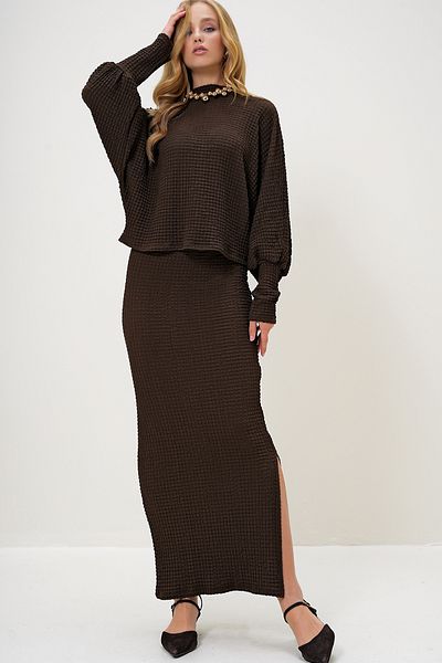 Trend Alaçatı Stili Brown Seersucker Blouse and Slit Skirt Set - Stand Collar Alc-X13261