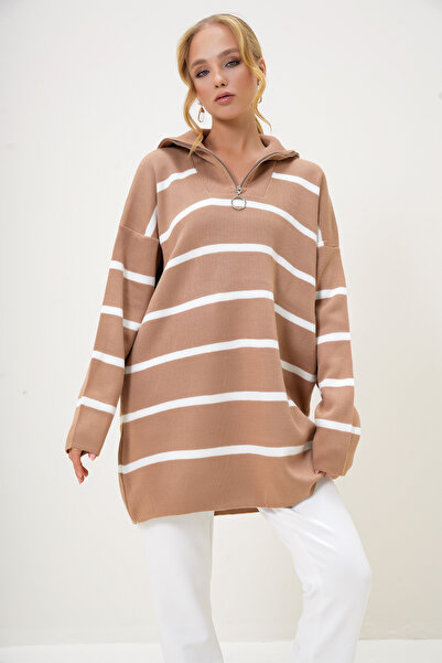 Trend Alaçatı Stili Women's Biscuit Turtleneck Zipper Detailed Striped Knitwear Tunic Alc-X12985