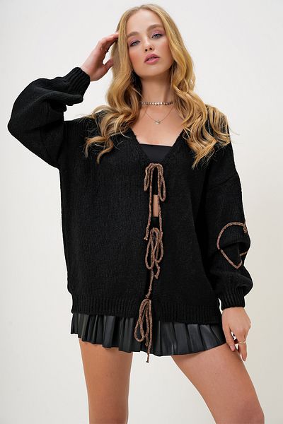 Trend Alaçatı Stili Negru cu decolteu în V - Tricotaj supradimensionat Cardigan cu cordon cravată în față ALC-X13150