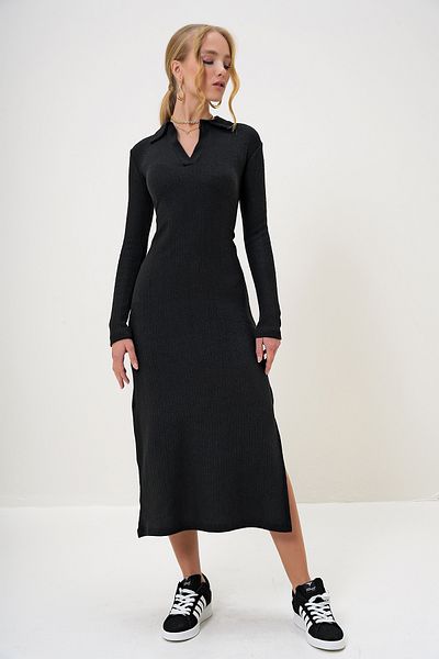 Trend Alaçatı Stili Women's Black Polo Neck Half Placket Side Slit Interlock Fabric Dress Alc-X13121