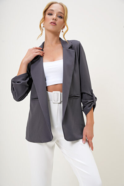 Trend Alaçatı Stili Dámská šedá bunda klopa Fleto kapsa pletená bunda Alc-X13033