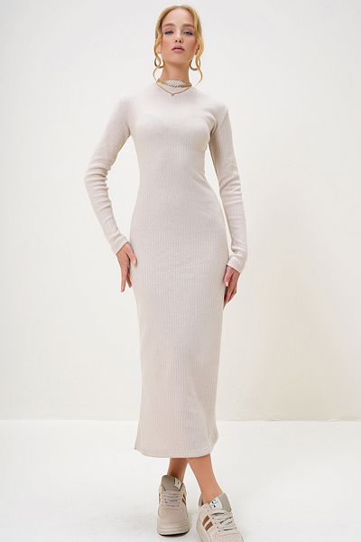 Trend Alaçatı Stili Women's Stone Crew Neck Long Sleeve Interlock Fabric Maxi Length Dress Alc-X13073