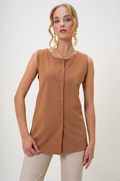 Trend Alaçatı Stili Women's Mink Crew Neck Knitted Crepe Long Vest Alc-X13005