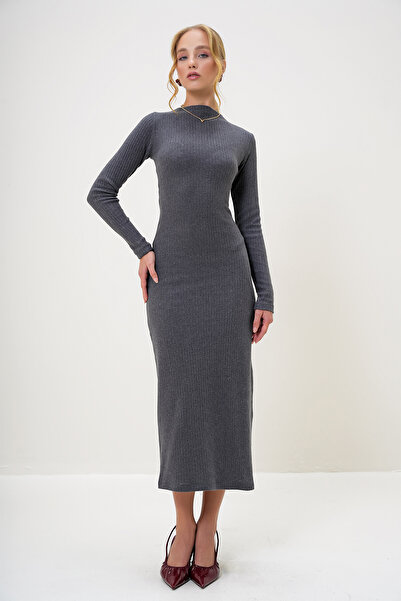 Trend Alaçatı Stili Kadın Antrasit Bisiklet Yaka Uzun Kol İnterlok Kumaş Maxi Boy Elbise ALC-X13073