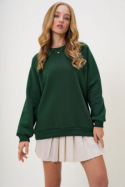 Trend Alaçatı Stili Green Sweatshirt for Women - Crew Neck, Raglan Sleeve, Three Thread Raster Alc-X13180