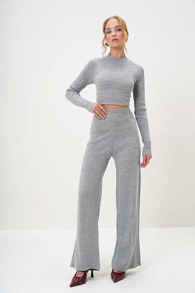 Trend Alaçatı Stili Szürke kötöttáru Crop blúz és Palazzo nadrág szett - Crew Neck ALC-X12995