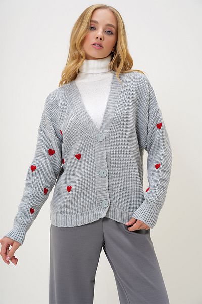 Trend Alaçatı Stili Women's Gray V-Neck Heart Embroidered Knitwear Cardigan Alc-X12982