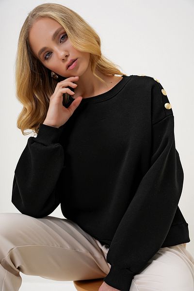 Trend Alaçatı Stili Schwarzes Damen-Sweatshirt – Rundhalsausschnitt, goldene Knopfdetails, drei Fäden, Raster ALC-X13179