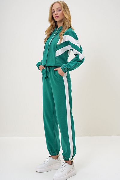 Trend Alaçatı Stili Grünes Damen-Trainingsanzug-Set mit Kapuze – Sweatshirt und elastisches Bein ALC-X13092