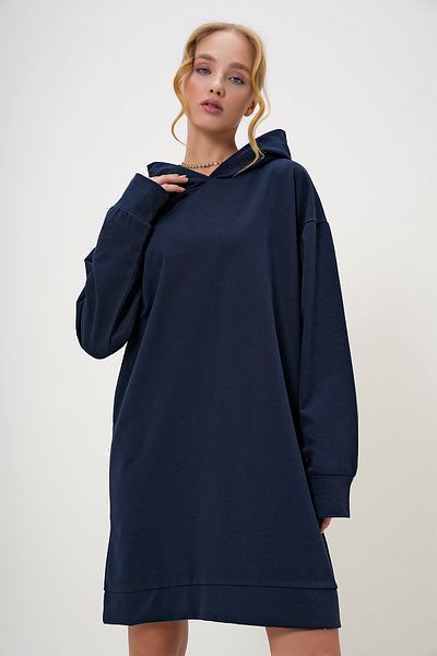 Trend Alaçatı Stili Women's Navy Blue Hooded Sweatshirt Dress Alc-018-109-Te