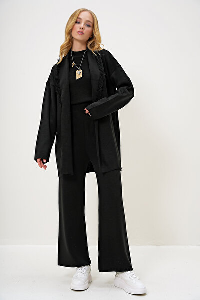 Trend Alaçatı Stili Fekete bojt részletes kendős galléros blúz és Palazzo nadrág szett - ALC-X13157