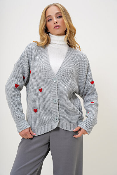 Trend Alaçatı Stili Women's Gray V-Neck Heart Embroidered Knitwear Cardigan Alc-X12982