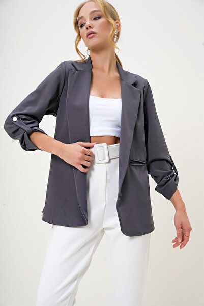 Trend Alaçatı Stili Dámská šedá bunda klopa Fleto kapsa pletená bunda Alc-X13033