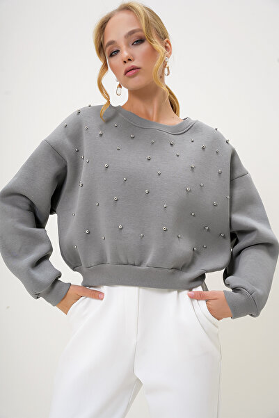 Trend Alaçatı Stili Dámská mikina s šedým perleťovým zapalovačem s výstřihem - třívláknový rastr Alc-X13177