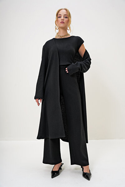 Trend Alaçatı Stili Dámská černá halenka s vycpanými rameny, kalhoty a vesty Alc-X4710-Rv