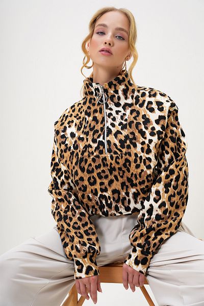 Trend Alaçatı Stili Dámská mikina s leopardím stojáčkem s límcem s leopardím potiskem vpředu na zip Alc-X13147