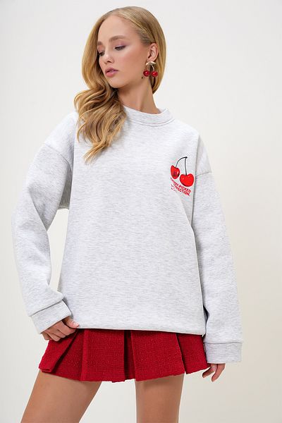Trend Alaçatı Stili Grimelange Sweatshirt for Women - Crew Neck, Cherry Print, 3 Thread Raster Alc-X13151