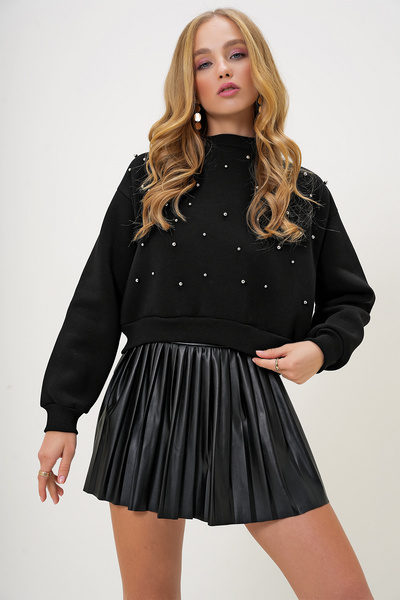 Trend Alaçatı Stili Γυναικείο φούτερ με μαύρο μαργαριτάρι - Crew Neck, Three Thread ALC-X13177