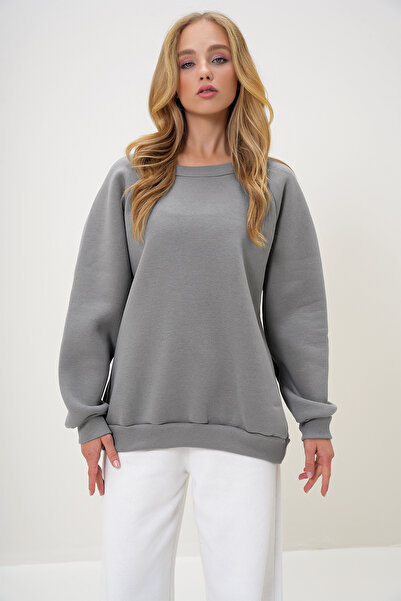 Trend Alaçatı Stili Grey Crew Neck Raglan Sleeve Raster Sweatshirt - Three Thread Alc-X13180