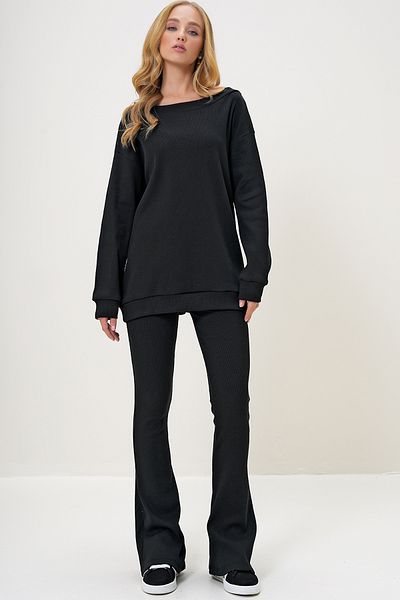 Trend Alaçatı Stili Black Oversize Camisole Blouse and Spanish Trousers Set - Alc-X13059