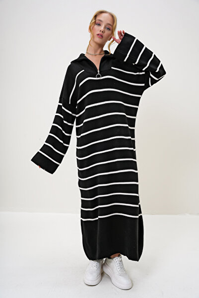 Trend Alaçatı Stili Kadın Siyah Balıkçı Yaka Yarım Fermuarlı Oversize Maxi Boy Elbise ALC-X12993