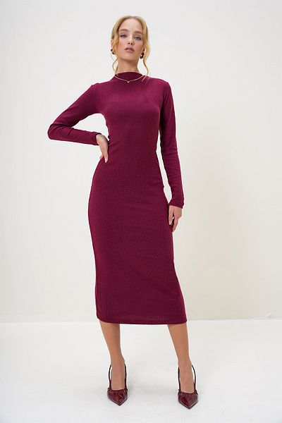 Trend Alaçatı Stili Women's Claret Red Crew Neck Long Sleeve Interlock Fabric Maxi Length Dress Alc-X13073