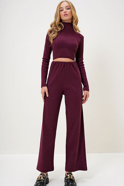 Trend Alaçatı Stili Women's Burgundy Stand Collar Camisole Crop Blouse and Trousers Set Alc-X13058