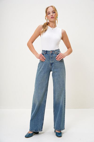 Trend Alaçatı Stili Women's Blue High Waist Palazzo Cut Jean Trousers Alc-X13172