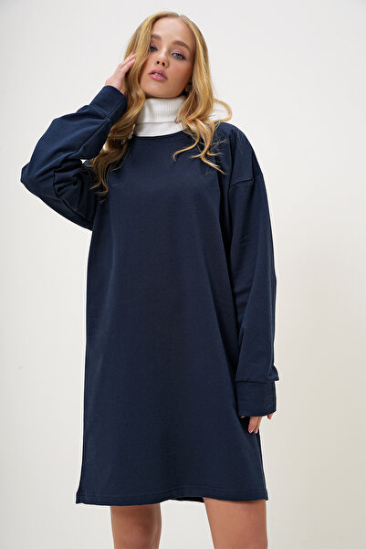 Trend Alaçatı Stili Sötétkék nyakú pulóver ruha - ALC-X13137