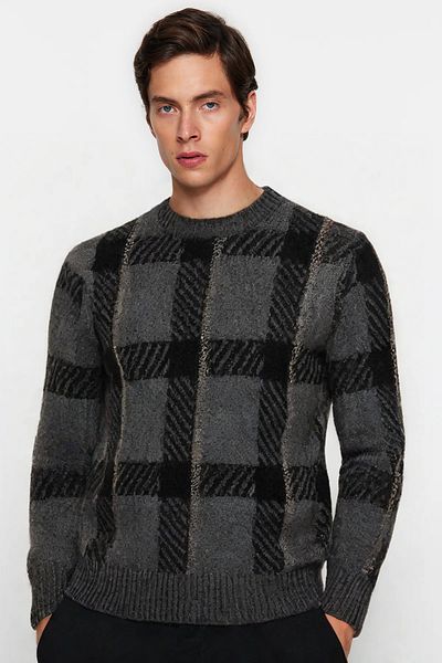 Trendyol Collection Plaid Patterned Anthracite Knitwear Sweater - Crew Neck Tmnaw25kz00045