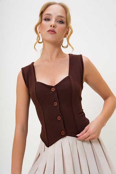 Trend Alaçatı Stili Braune, geknöpfte Crop-Weste mit Herzkragen für Damen ALC-X11053