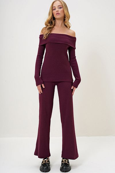 Trend Alaçatı Stili Women's Burgundy Madonna Collar Camisole Blouse and Trousers Set Alc-X13060