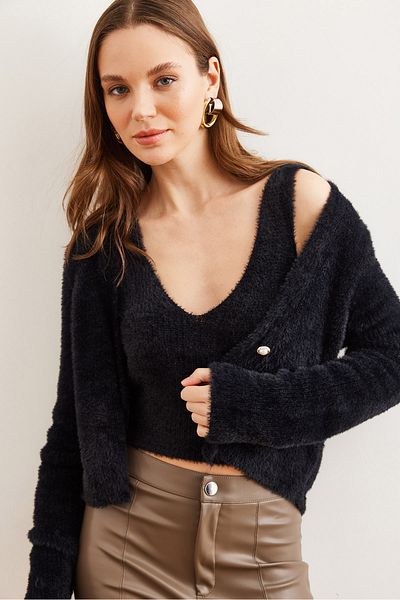 Olalook Women's Black Lingerie Bustier Top Cardigan Bearded Knitwear Set Tkm- 19000306