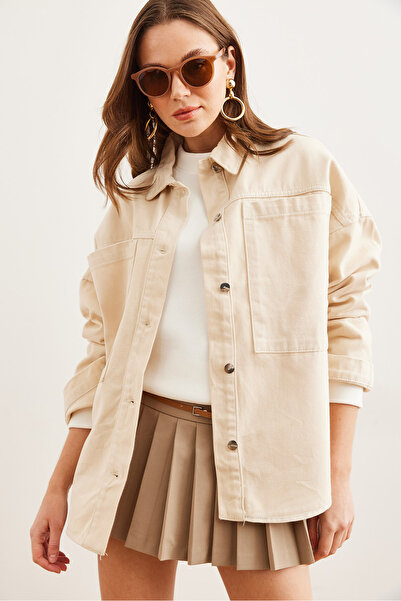 Olalook Women's Stone Bag Pocket Oversize Gabardine Shirt Gml- 19001246