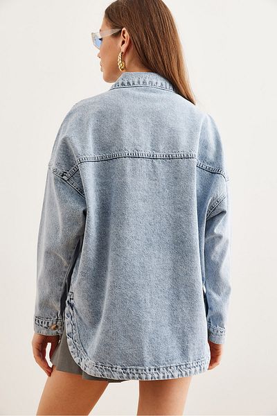 Olalook Cămașă groasă de damă din denim - buzunar, albastru, GML- 19001259