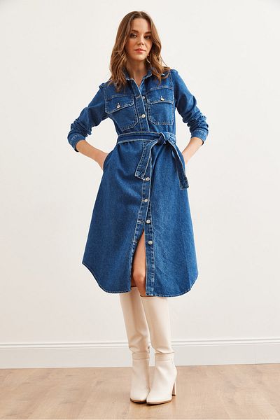 Olalook Rochie de damă albastră cu 4 buzunare, midi, groasă, din denim ELB- 19002291