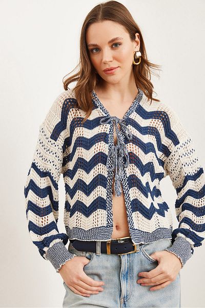 Olalook Women's Ecru Indigo Lace Detailed Openwork Knitwear Cardigan Hrk- 19000319