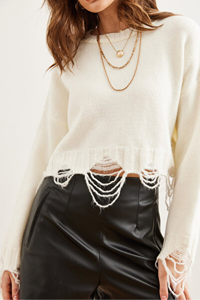 Olalook Dámský ecru laserem roztrhaný svetr z měkkého úpletu Kzk- 19000885