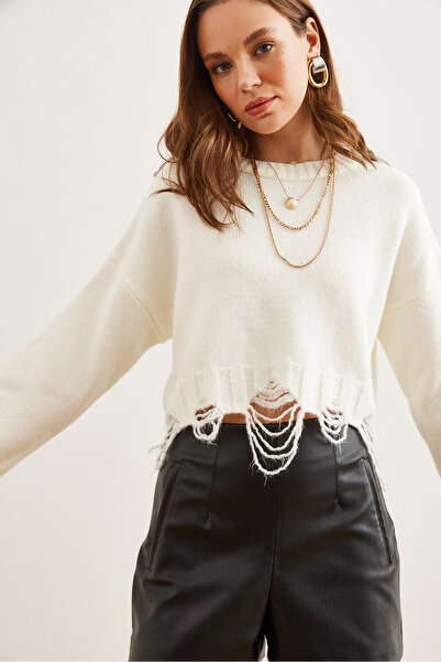 Olalook Dámský ecru laserem roztrhaný svetr z měkkého úpletu Kzk- 19000885