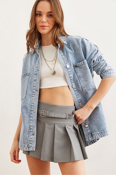 Olalook Cămașă groasă de damă din denim - buzunar, albastru, GML- 19001259