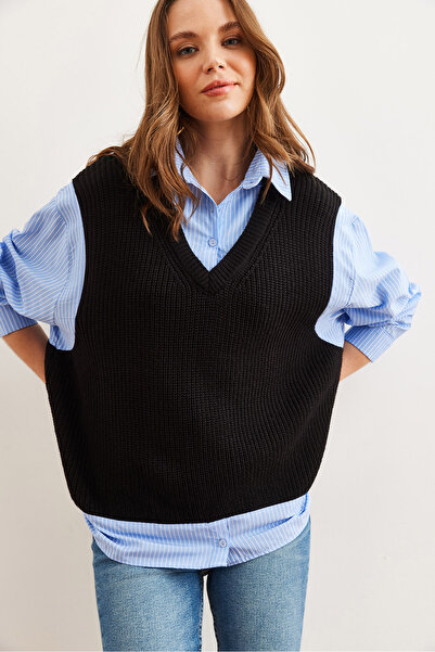 Olalook Women's Black Blue V-Neck Knitwear Detail Shirt Gml- 19001255