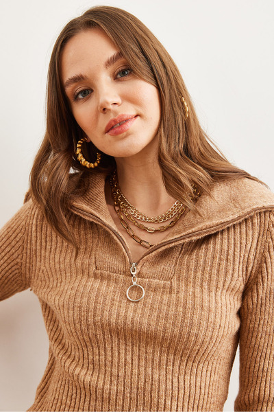 Olalook Pulover de damă Camel cu guler în picioare, cu fermoar, tricotaj, KZK- 19000880