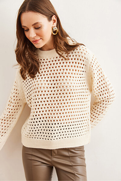 Olalook Pulover de damă cu piatră ajurata cu decolteu triplu KZK- 19000890