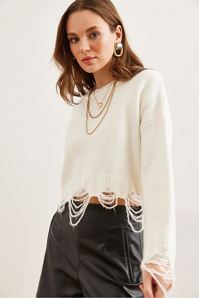 Olalook Women's Ecru Laser Ripped Detail Soft Textured Knitwear Sweater Kzk- 19000885