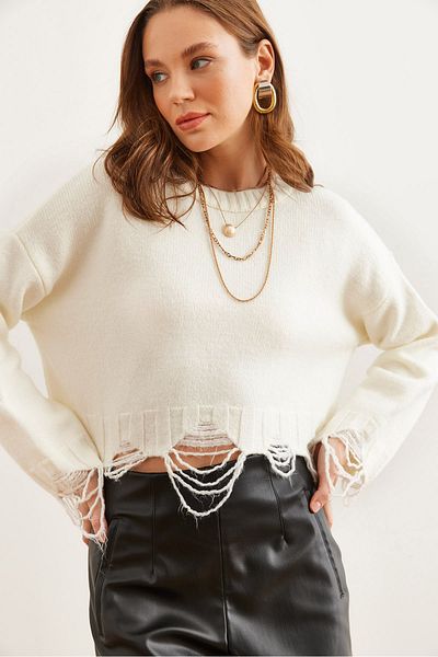 Olalook Women's Ecru Laser Ripped Detail Soft Textured Knitwear Sweater Kzk- 19000885
